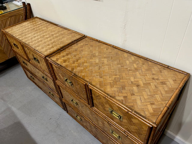 vintage pair of faux bamboo cane rattan campaign style chests