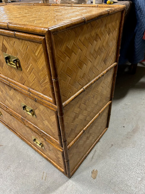 vintage pair of faux bamboo cane rattan campaign style chests
