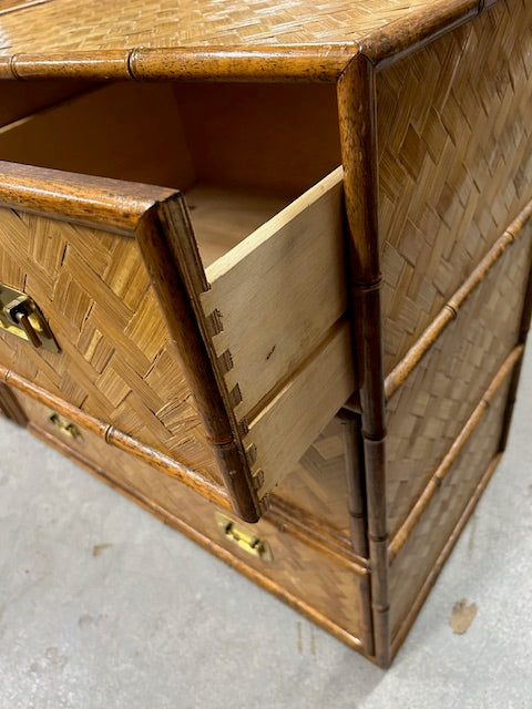 vintage pair of faux bamboo cane rattan campaign style chests