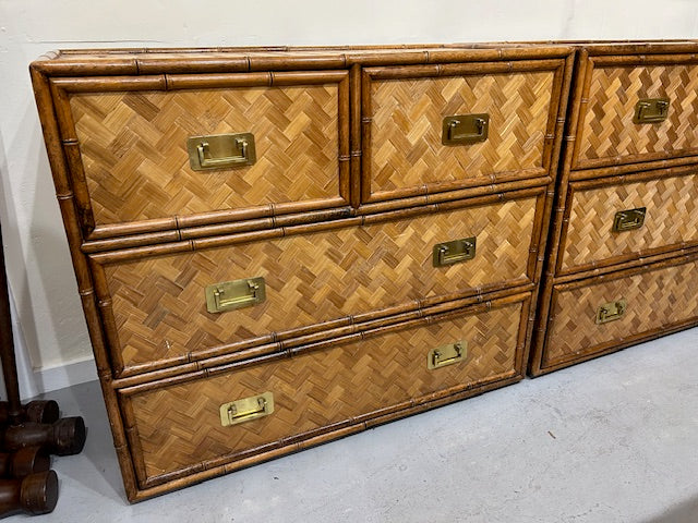 vintage pair of faux bamboo cane rattan campaign style chests