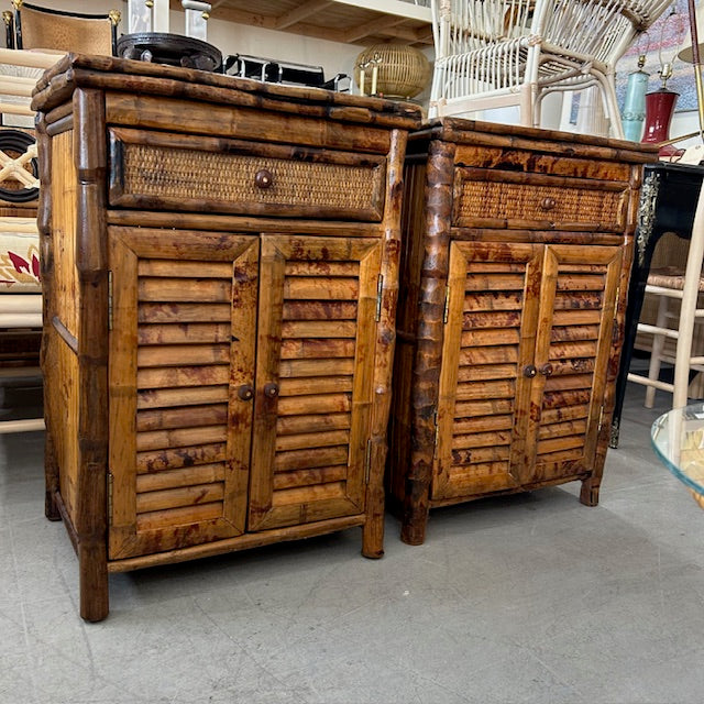 pair burnt bamboo night / side cabinets