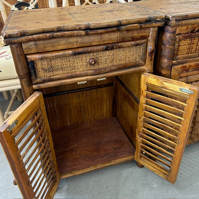pair burnt bamboo night / side cabinets
