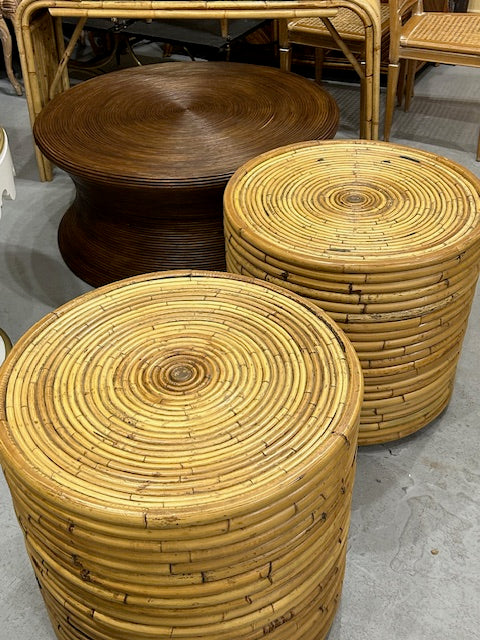 vintage pair of banded rattan tables – eclectic patina
