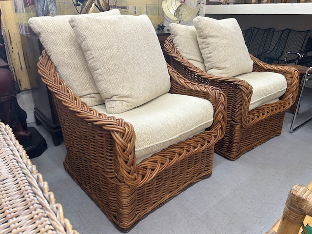 vintage pair large braided rattan wicker chairs