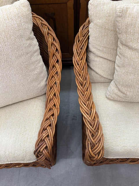 vintage pair large braided rattan wicker chairs
