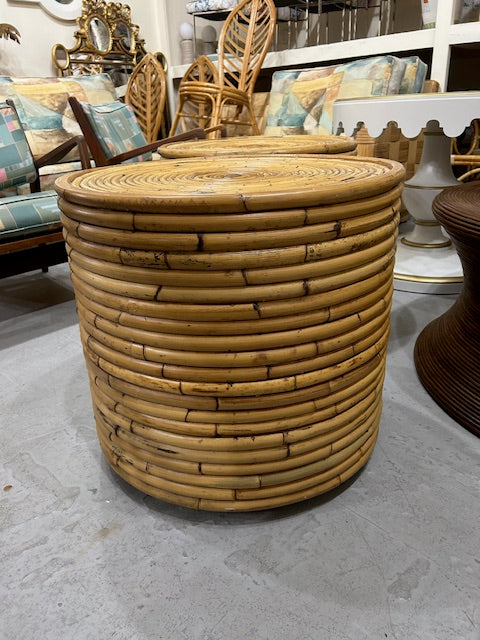 vintage pair of banded rattan tables