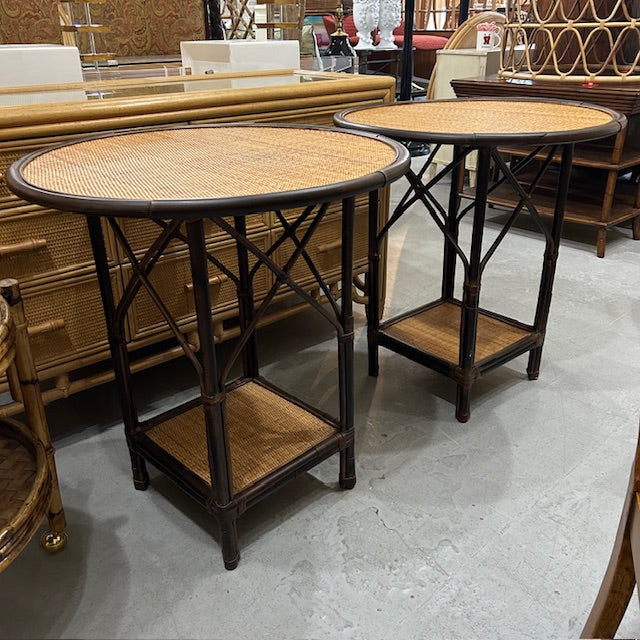 pair PALECEK rattan cane tables