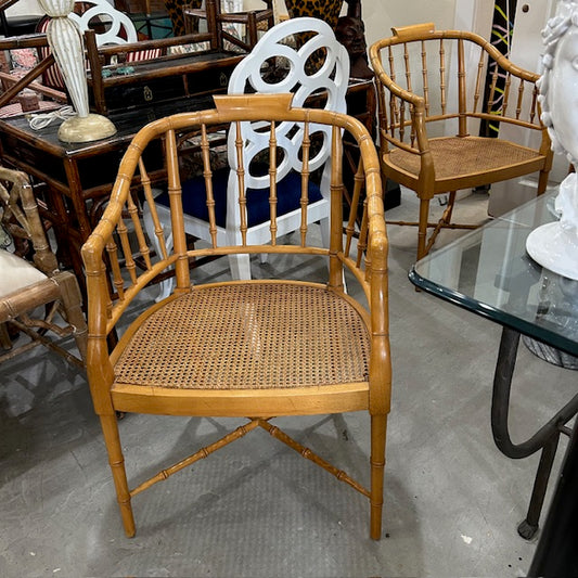 pair vintage faux bamboo Regency style barrel chairs