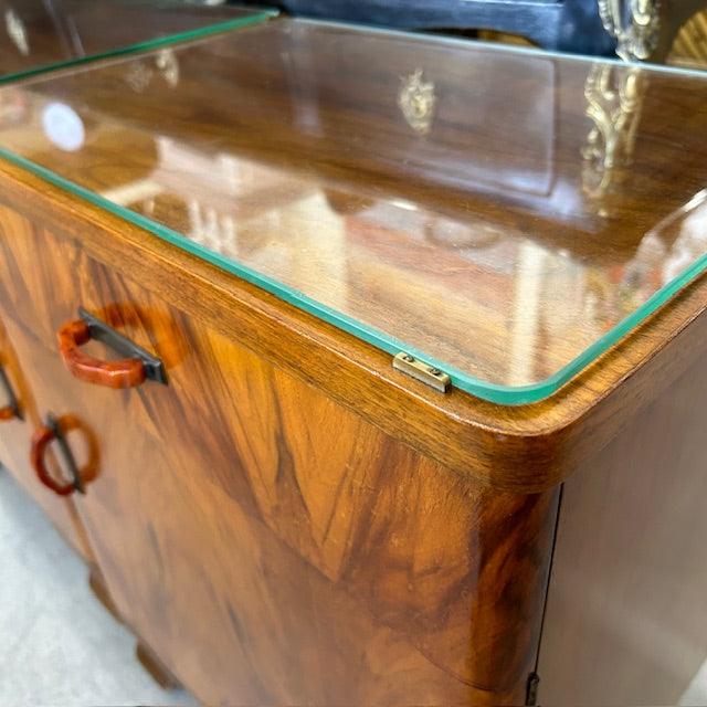 pair Deco nightstands w/ original bakelike pulls