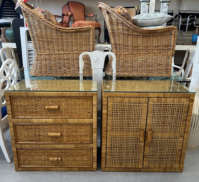 vintage cane rattan woven chest nightstands