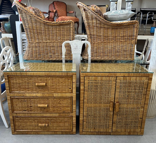 vintage cane rattan woven chest nightstands