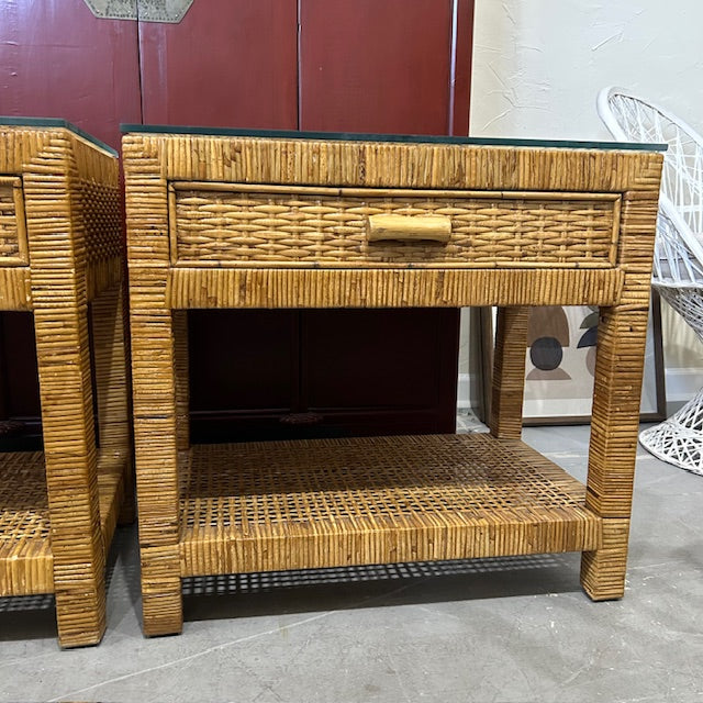vintage pair cane rattan woven nightstands