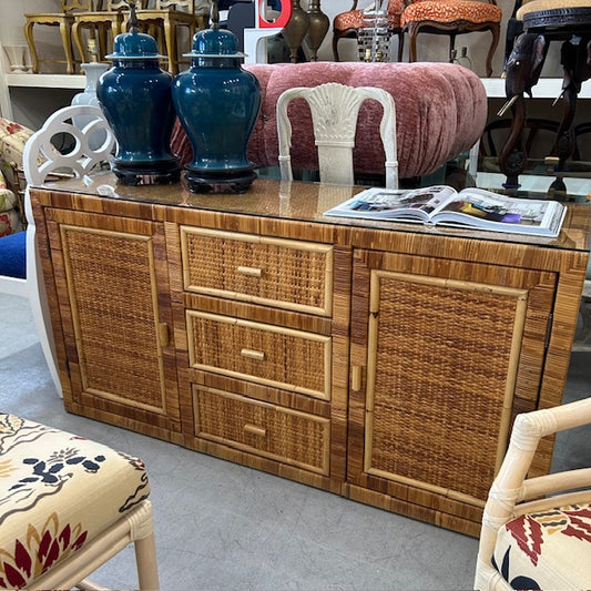 vintage woven cane rattan server credenza