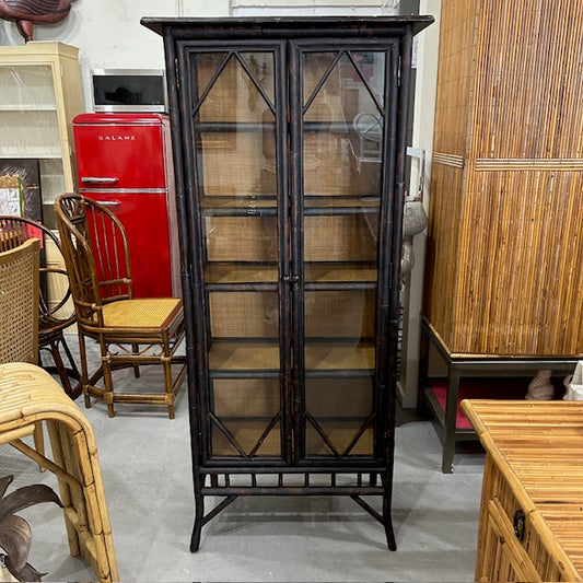 burnt bamboo grasscloth display cabinet