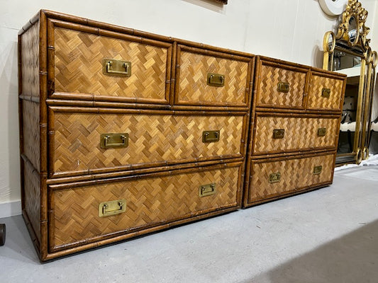 vintage pair of faux bamboo cane rattan campaign style chests